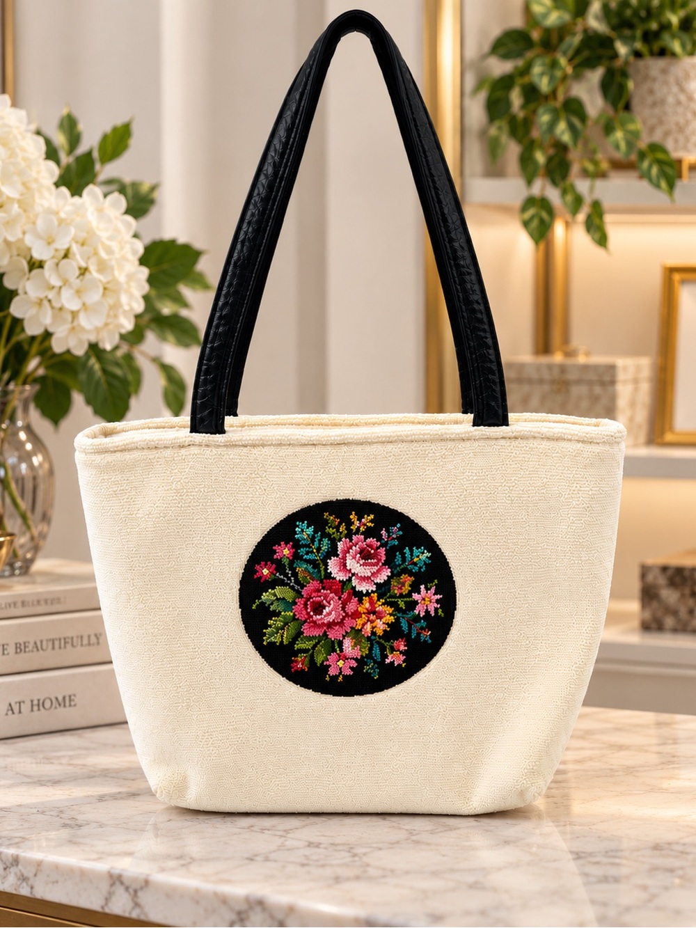Blue Field Floral Needlepoint Tote Bag Cream Black Vintage Cottagecore